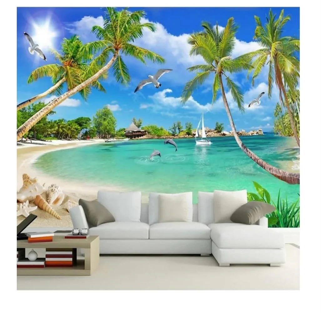 Mural Scenery Seaview Beach Coconut Tree Customized 3D Mediterranean Living Room TV Wall Wallpaper  papel de parede