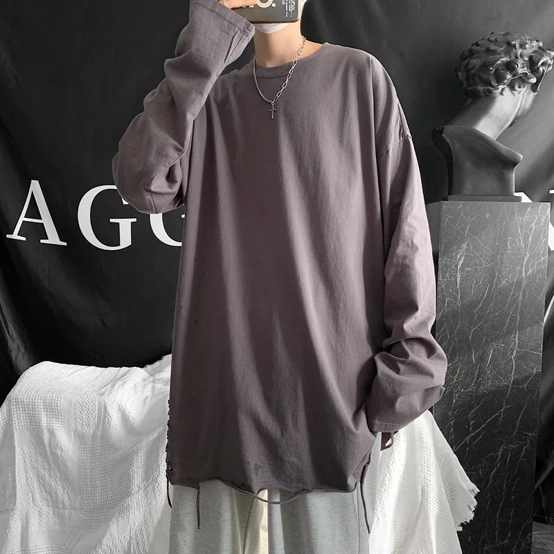 

Bottom shirt with a hole at the hem, white long sleeved T-shirt, men's autumn Hong Kong style trend, inner sweatshirt, loose top