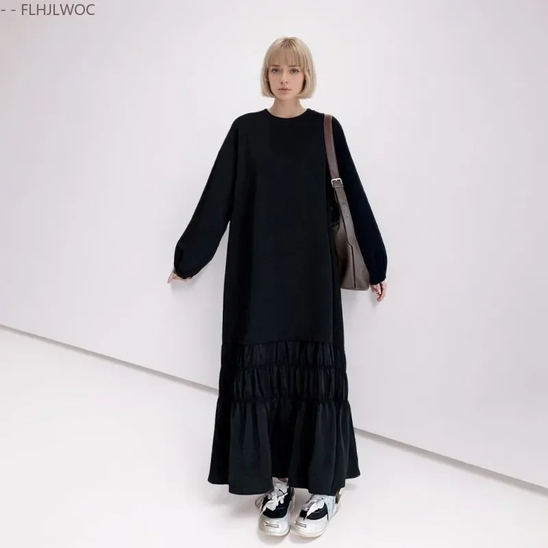 Loose Clothes Autumn Winter Outerwear European Style Women Casual Patchwork Ruffles Black Long Maxi Dress Feminine Vestidos