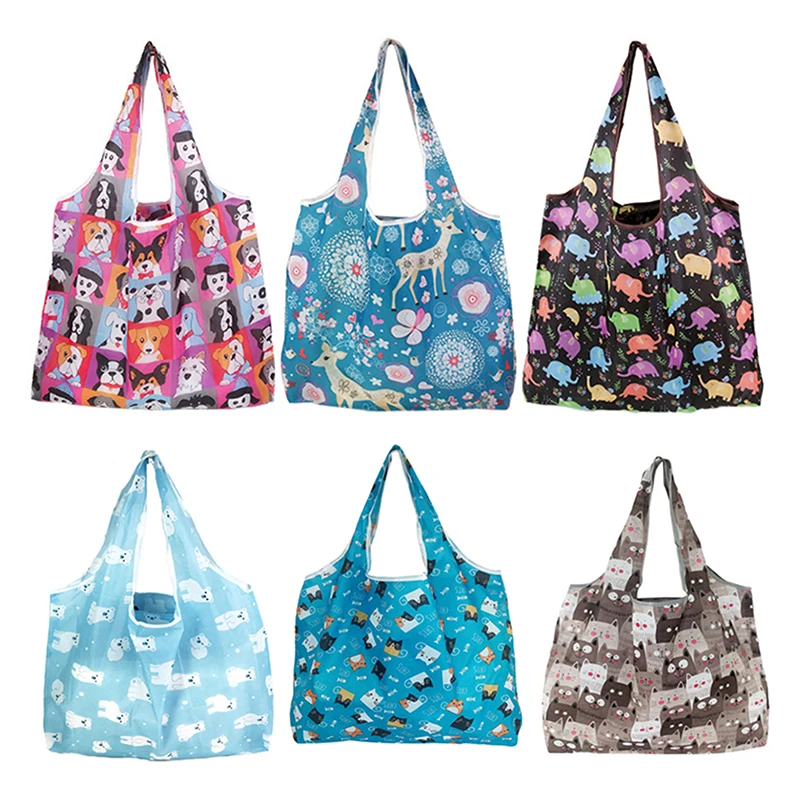 1Pc Foldable Shopping Bag Reusable Travel Grocery Bag Eco-Friendly Cute Animal Printing Supermarket Tote Bag