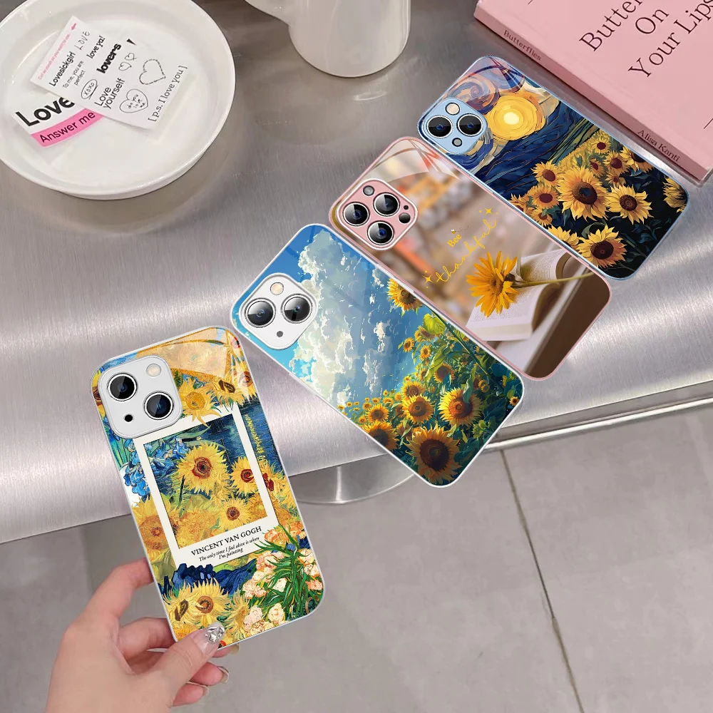 

S-Sun Sunflower Phone Case Tempered Glass For Iphone 14 13 12 11 Pro Mini XS MAX 14Plus X XS XR Cover