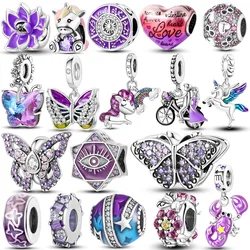 Silver Plated Purple Beads Clip Flower Heart Star Charms Butterfly Grapes Dangle Fit Original Bracelet Jewelry Gift
