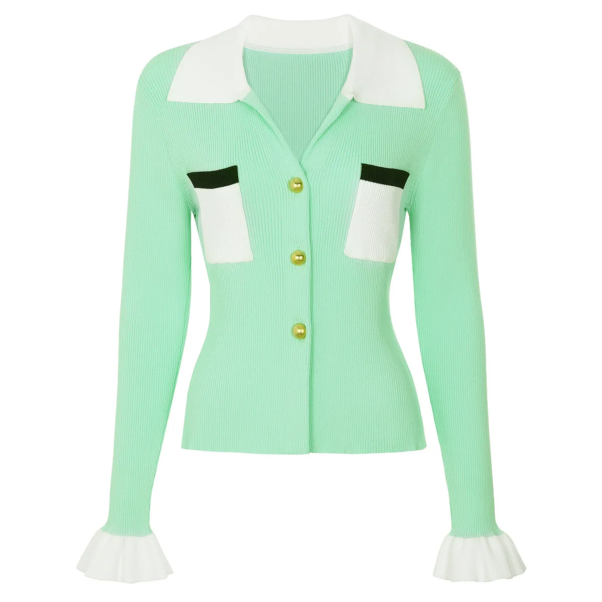 Short Green Knitted Jacket Lapel Spliced Slim Women's Coat Flare Sleeve Gold Button Outerwears Autumn Elegant V Neck Jackets New