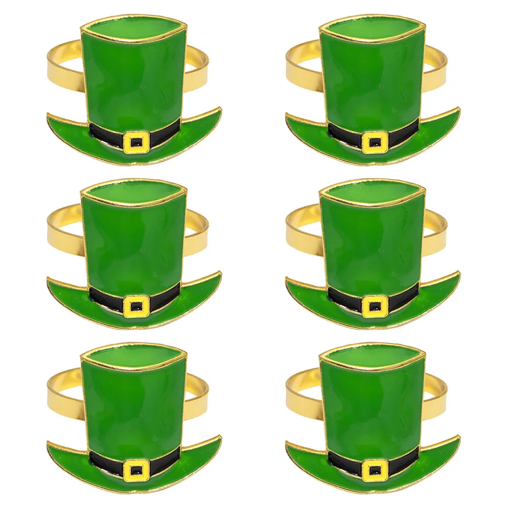 

6 Pcs Napkin Rings Green Shamrock Decorative Tableware Dinner Party Supplies St Patrick Hat Buckle Metal Serviette Pins