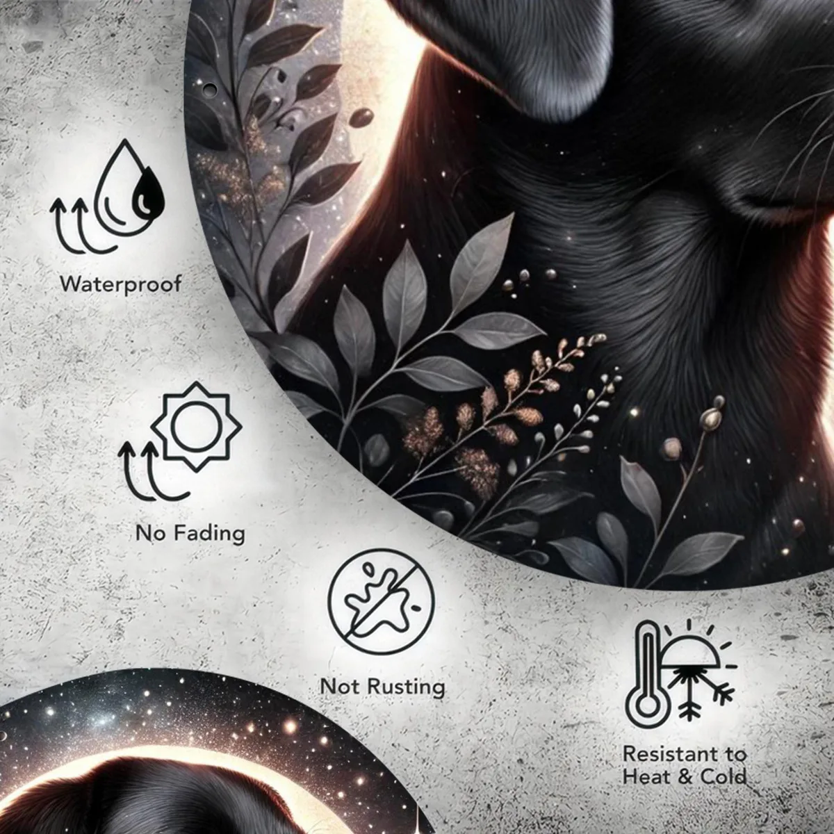 لوحة فنية جدارية معدنية مستديرة مقاس 7.8 بوصة من اللابرادور والقطط باللون الأسود الساحر - تصميم السماء الليلية المرصعة بالنجوم، مثالية للمنزل والحديقة والمطبخ والبار، كاليفورنيا #5