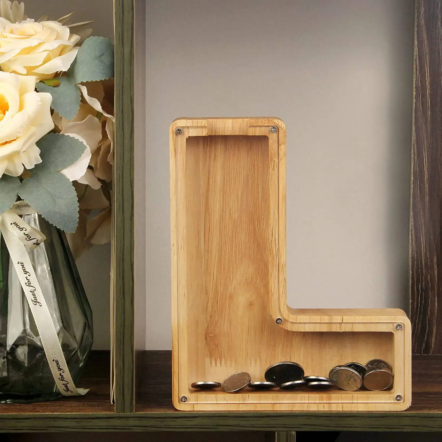 A72Z 2X tirelire personnalisée en bois Alphabet pour enfants pot d'argent pièce de monnaie adultes boîte d'épargne lettre décor (Alphabet-L)