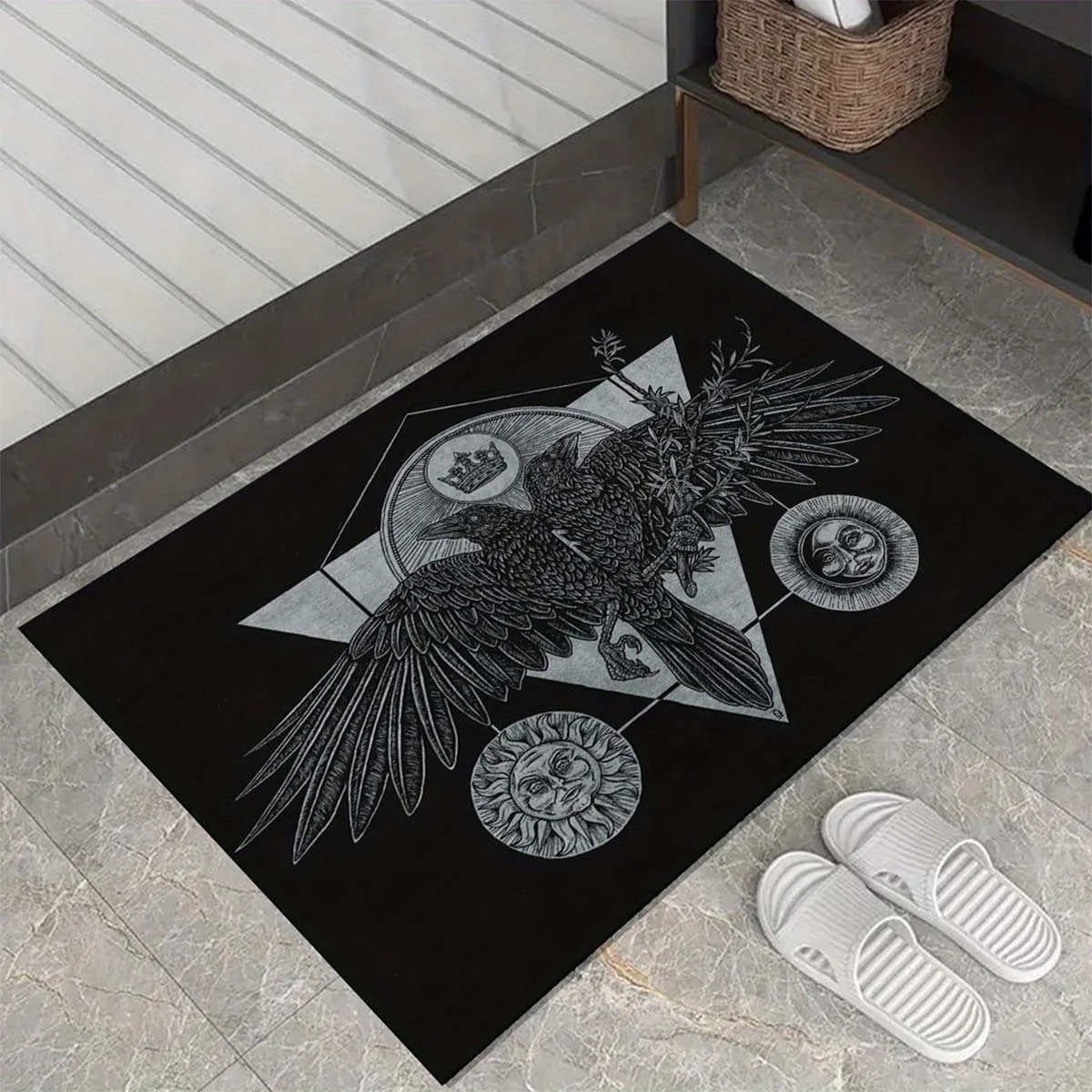 

1pc Crow totem print pattern carpet, crystal velvet fabric, suitable for bedroom and living room decoration