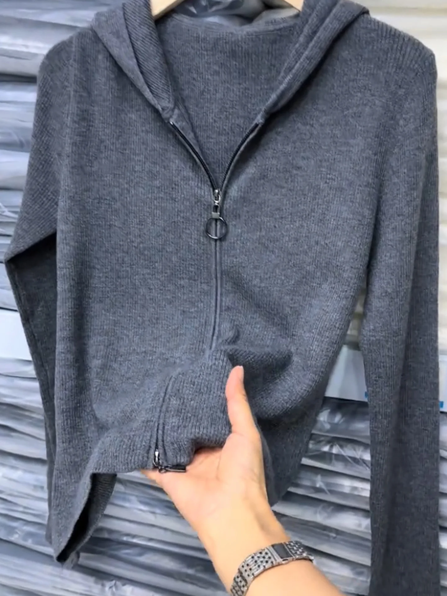 

Double Zipper Hooded Long Sve Women's Knitted Sweater Thiened Cardigan Sle Casual Sle Slimming Meat Covering Top