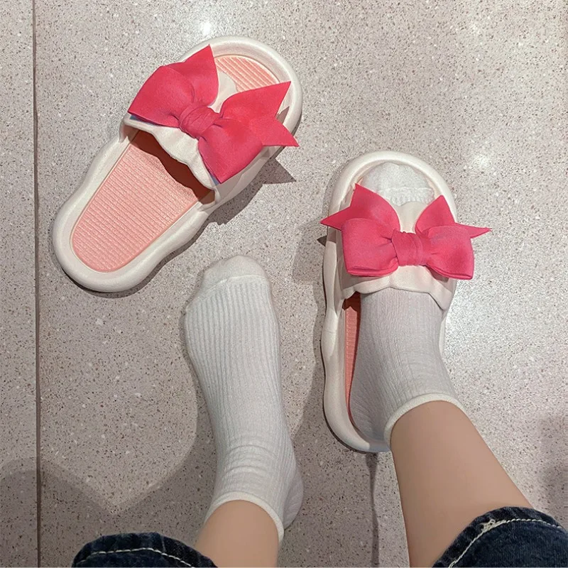 Thick Bow Slippers Women\'s Indoor Home Sandals Couple Bathroom Slippers Anti Slip Soft Home Slippers New Comfortable