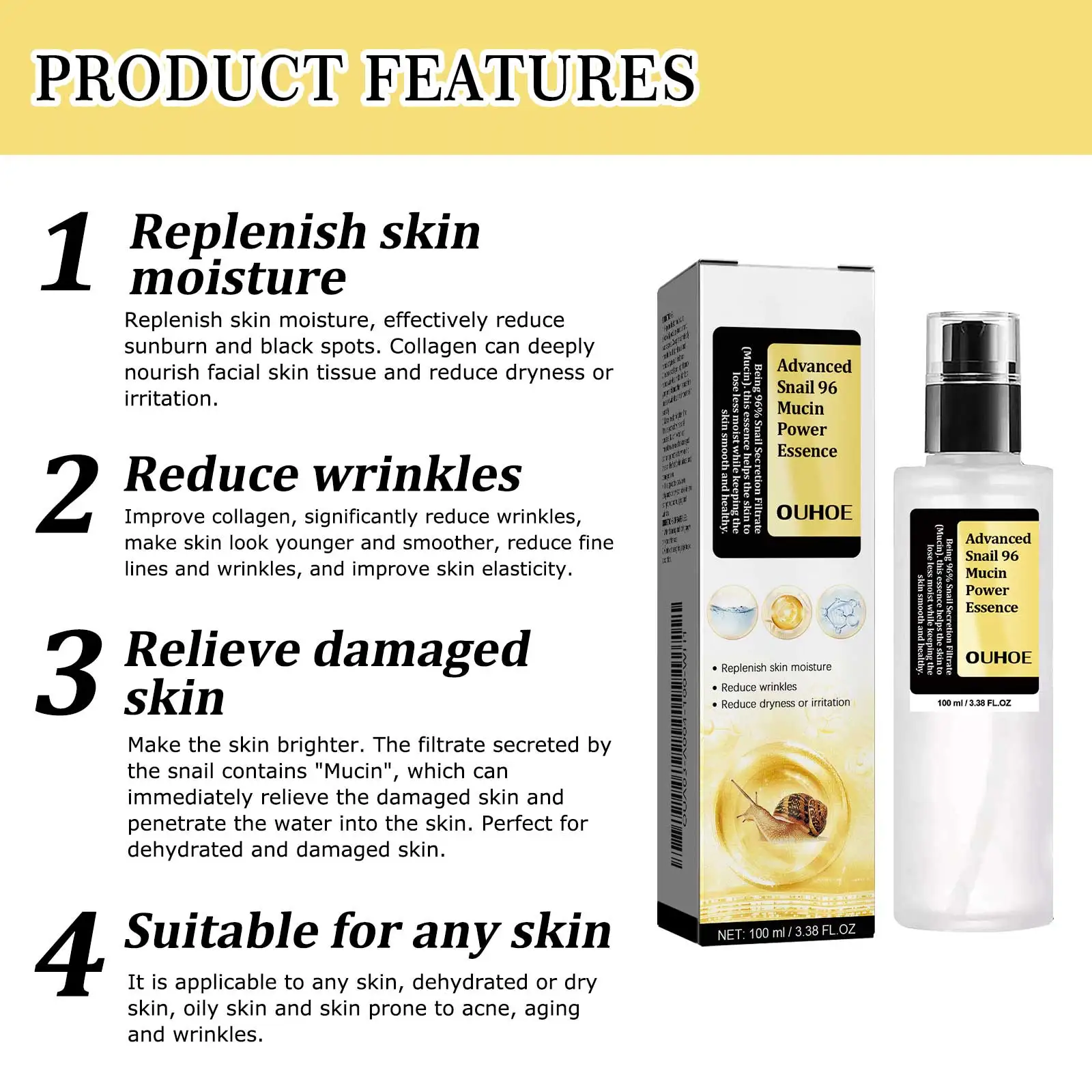 الحلزون Mucin إصلاح جوهر المياه الجلد الحبر ترطيب اشراق حمض الهيالورونيك رئيس المغذي العميق العناية بالبشرة تنعيم