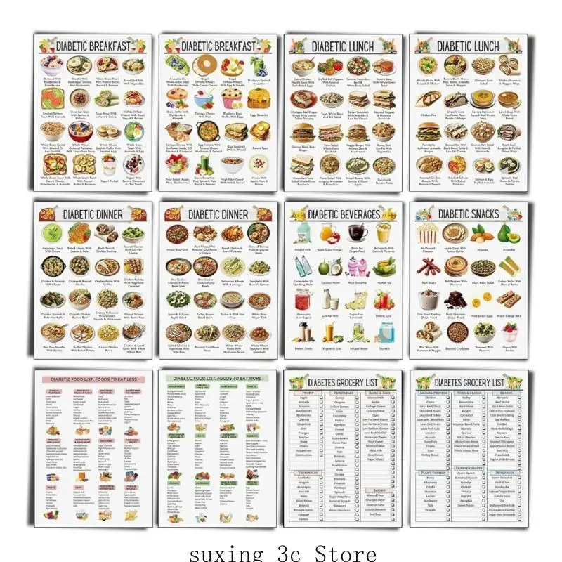 

12Pcs Diabetes Chart & Meal Planner for Diabetics 8x10Inch Grocery Foods List Diabetics Planner Grocery Lists