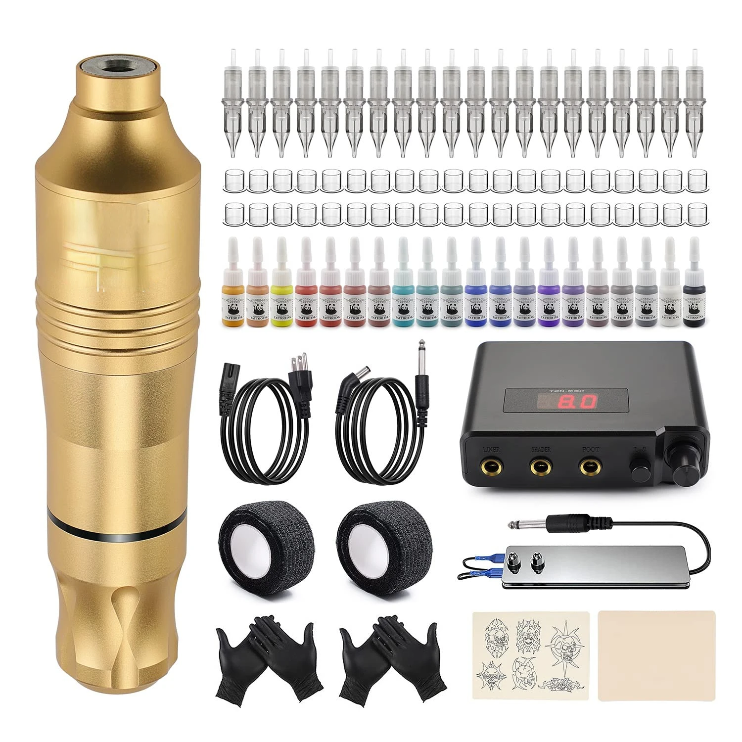 

Tattoo kit Cartridges Tattoo machine kit Rotary Tattoo Pen Dual output Power Supply 20pcs Cartridges needles 20 Colors Ink for B