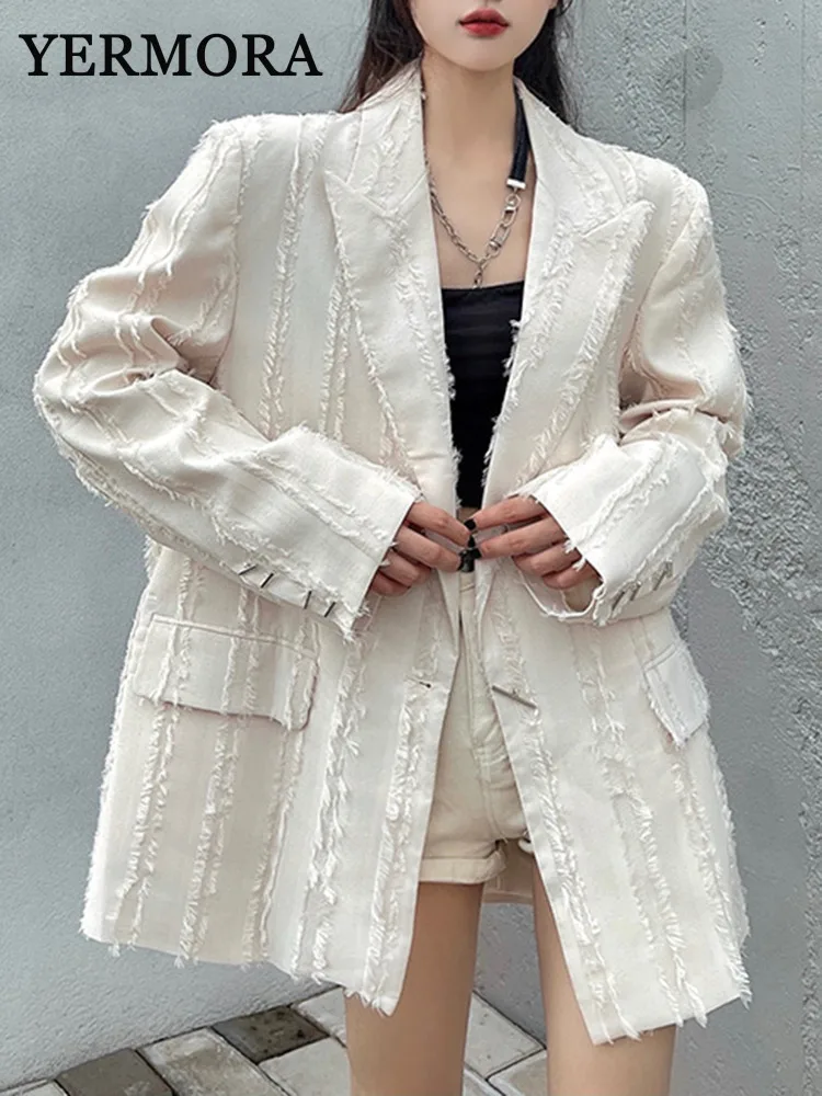 YERMORA Women Beige Big Size Burr Casual Blazer New Lapel Long Sleeve Loose Basic Jacket Fashion Tide Spring Autumn 2024