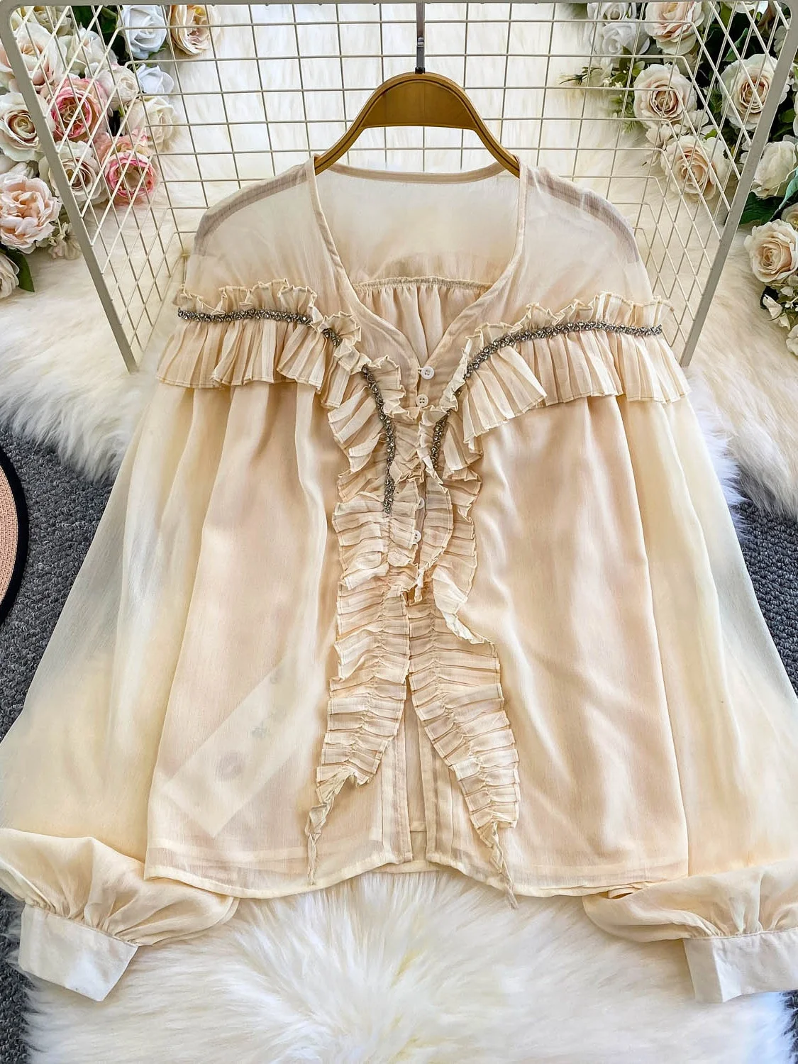 French Sle V-Ne Splice Lace  Heavy Embellied Loose Chiffon irt Women Autumn Youthful Loose Top Ele Quali