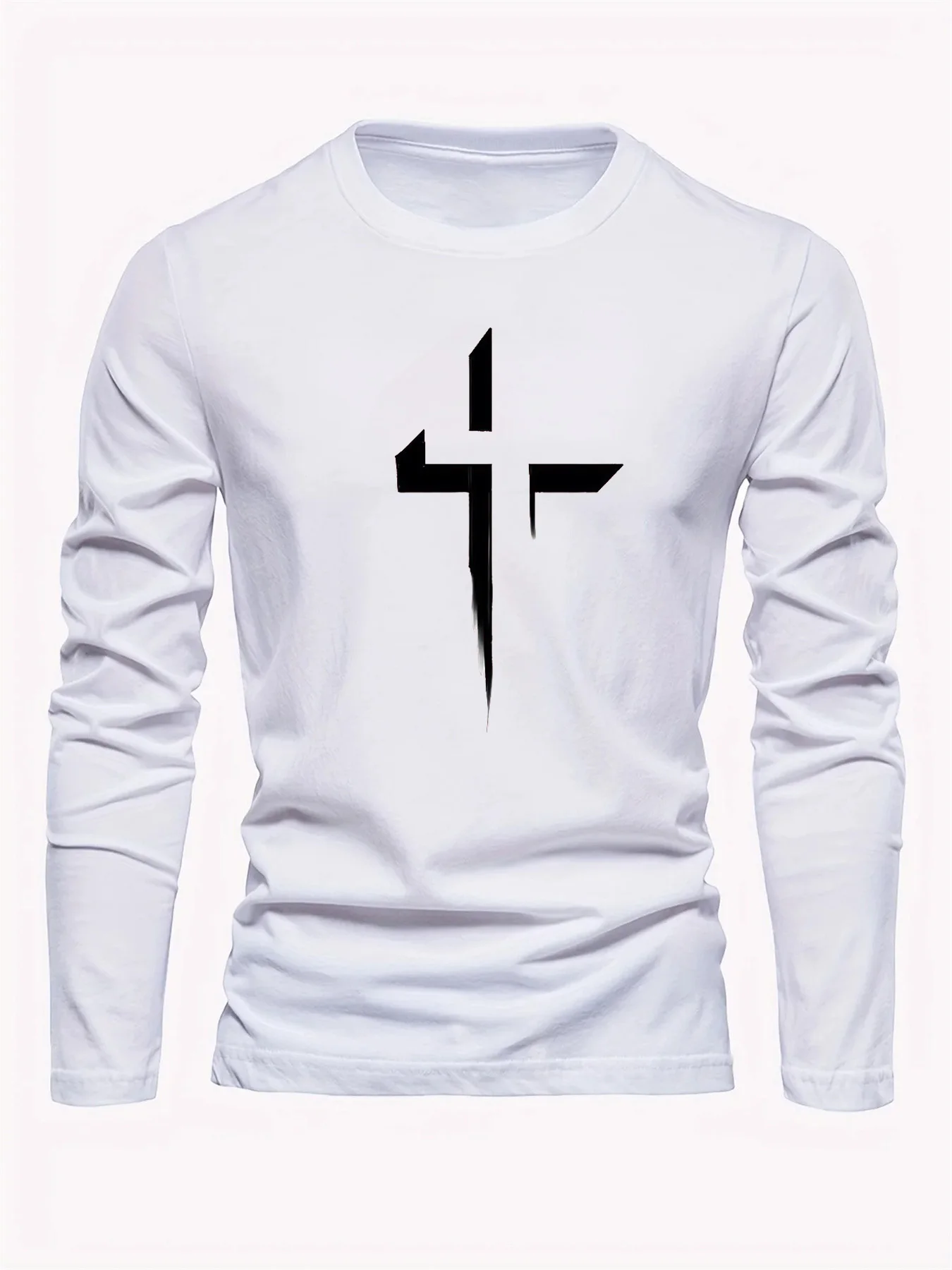 تي شيرت رجالي 100% من القطن الخالص فضفاض مقاس كبير مريح كاجوال رياضي مطبوع برقبة دائرية وأكمام طويلة #2