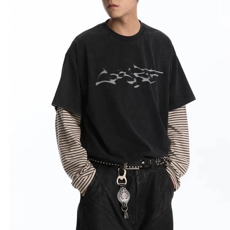 النمط الياباني ريترو فانتوم تي شيرت مطبوع الرجال وهمية قطعتين شريطية طويلة الأكمام البلوز تي شيرت للجنسين فضفاض الهيب هوب القمم