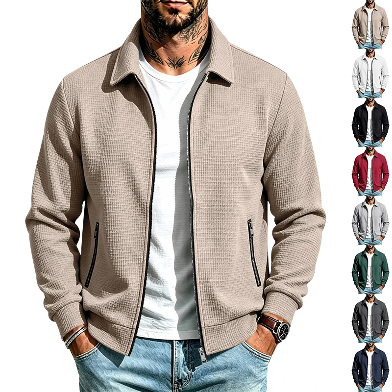 Herren Frühlings- und Herbstjacke aus Waffelstrick mit Reißverschluss, lässig, locker, leicht, mit Kragen, für den Alltag. – Detail 1