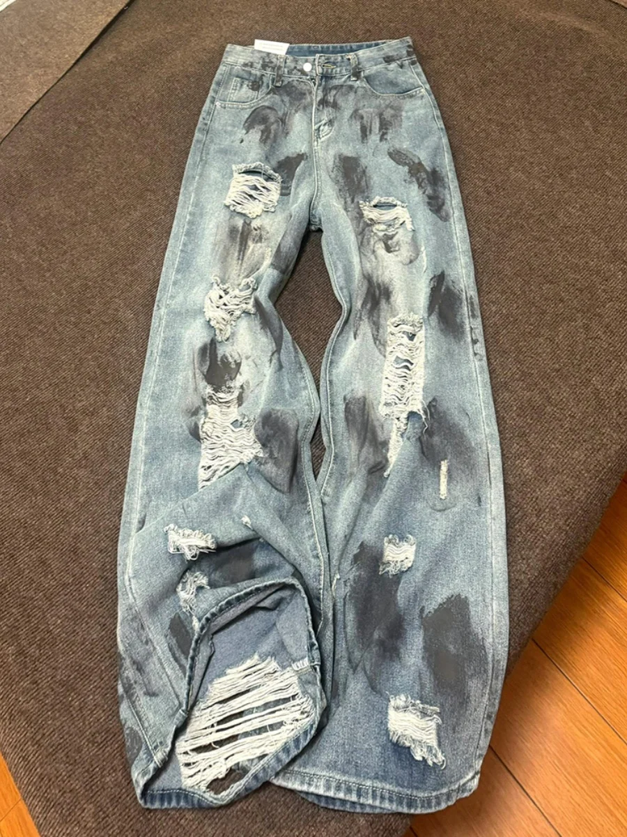 

Американские джинсы с широкими штанинами и рваными элементами, женские, летние, с высокой талией, прямые, длинные, повседневные, модные, больших размеров