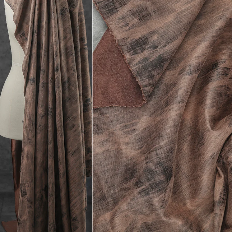 Ink Stained Brown Suede Fabric with Weathered Texture  Vintage Artistic Coat  Skirt  and Designer Fabric Reconstruction