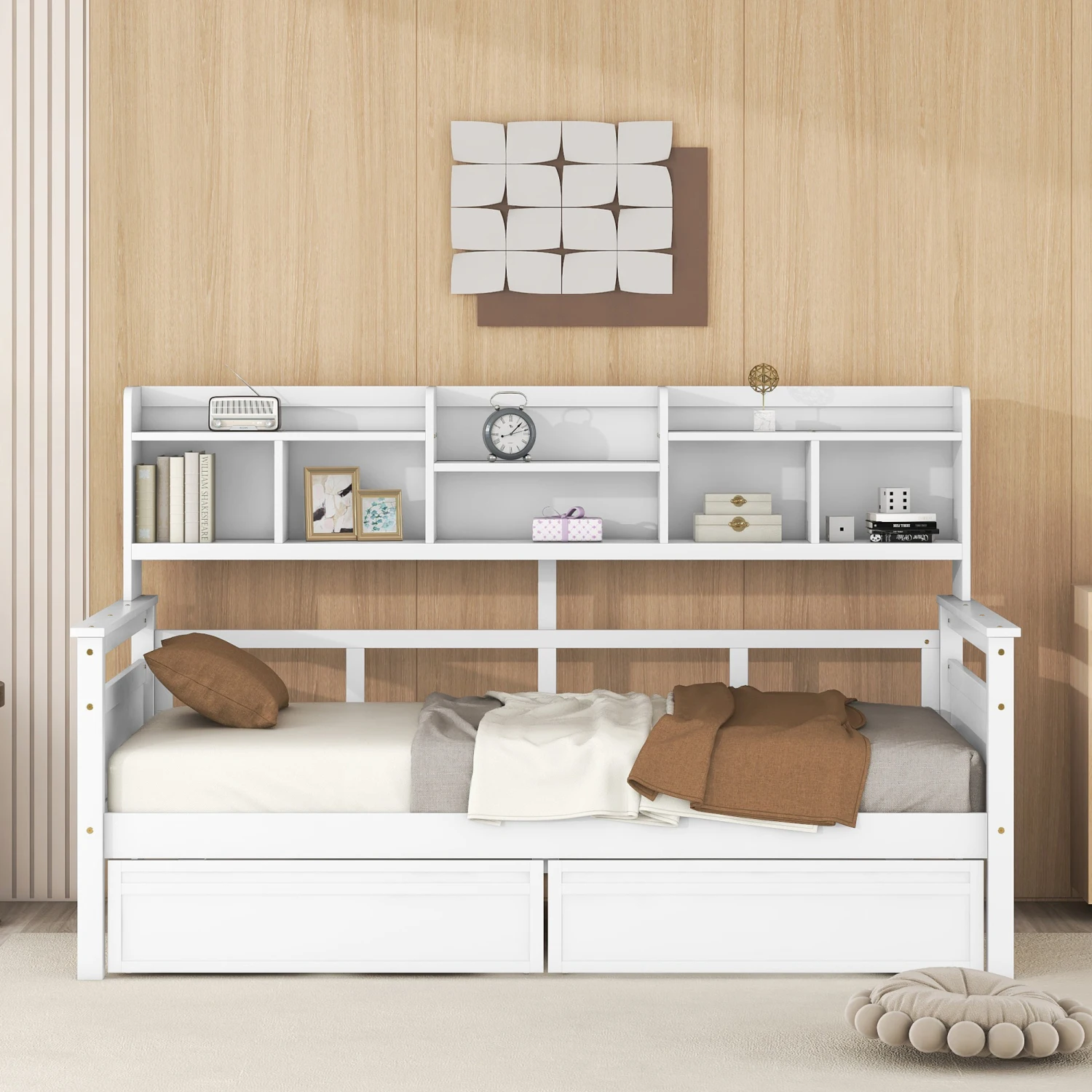 

Twin Size Daybed with Wood Slat Support, Bedside Shelves, Two Drawers - White