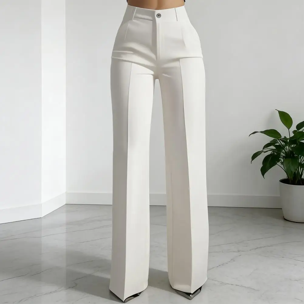 

Women Straight Leg Suit Pants Button Zipper Closure High Waist Long Trousers with Pockets Solid Color Commuting Wide Leg Pants