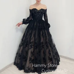 Romantic Gothic Wedding Dress Woman Puff Sleeves Sweetheart Applique Floor Length Corset Black Bridal Gown Vestido De Noiva