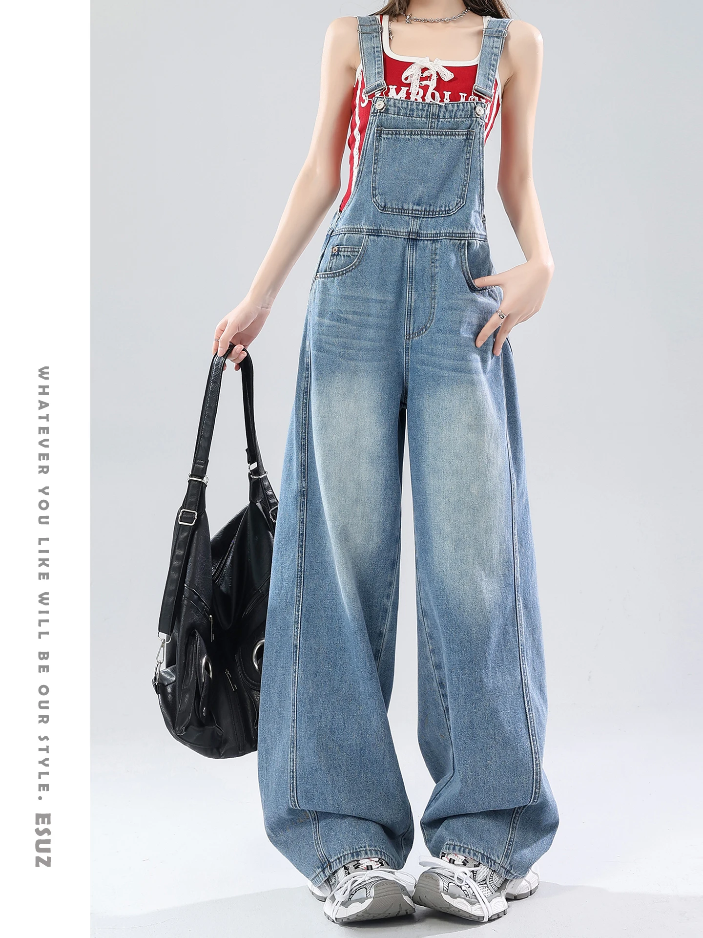 

Washed Light Blue Women's Summer Wide Leg Jeans Loose Lazy One-Piece Casual Anti-Aging Floor-Length Pants American Style High...