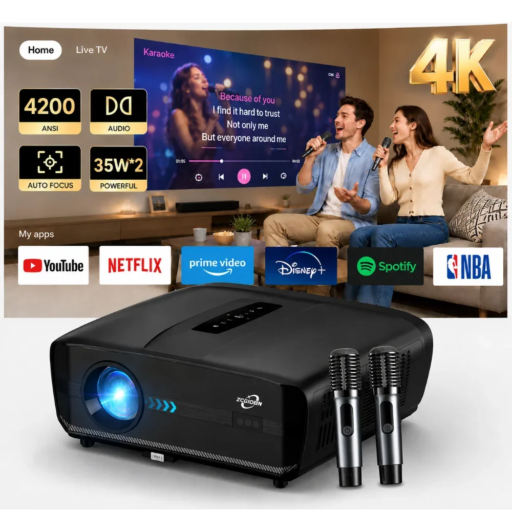 1000D 4K Ultra HD Projector Google TV 4200 ANSI Home Theater for Movies Auto Focus 1080P Smart Netflix Projector with Microphone