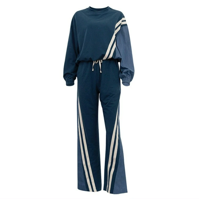 

Autumn Winter Pullover Top Drawstring Long Pants Two-piece Set New Fashionable Contrasting Color Striped Hoodie Set for Women