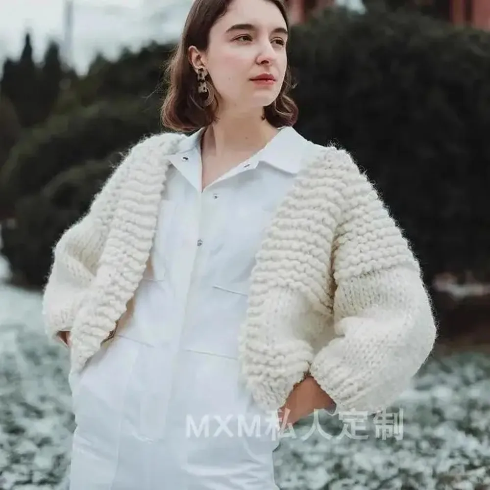 

2024ins Network Red Spring and Autumn New Women's Pure Hand Knitted Australian Pure Wool Sweater Coat Small Cardigan Customizabl