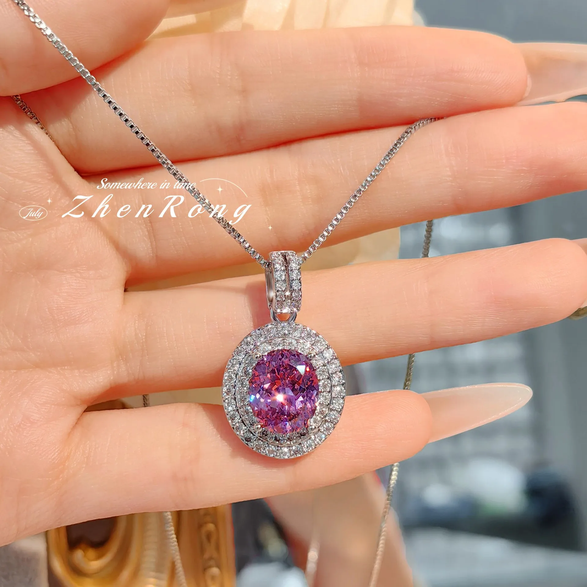 Foydjew Fashion Luxury Large Carat Oval Cut Pink Cubic Zirconia Pendant Necklaces Women Silver Color Rings Wedding Jewelry Sets