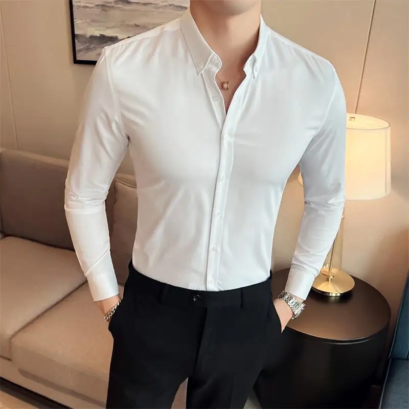 

2023-New Men's Fashion Business English Gentleman Work Classic Buckle Personality Embroidery Casual Business Social Style Shirt