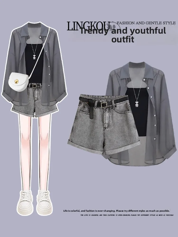 طقم صيفي مضاد للشيخوخة للنساء، مكون من ثلاث قطع: توب أسود بأكمام طويلة ورفيع للحماية من الشمس مع شورت جينز وياقة بولو عصرية. #1