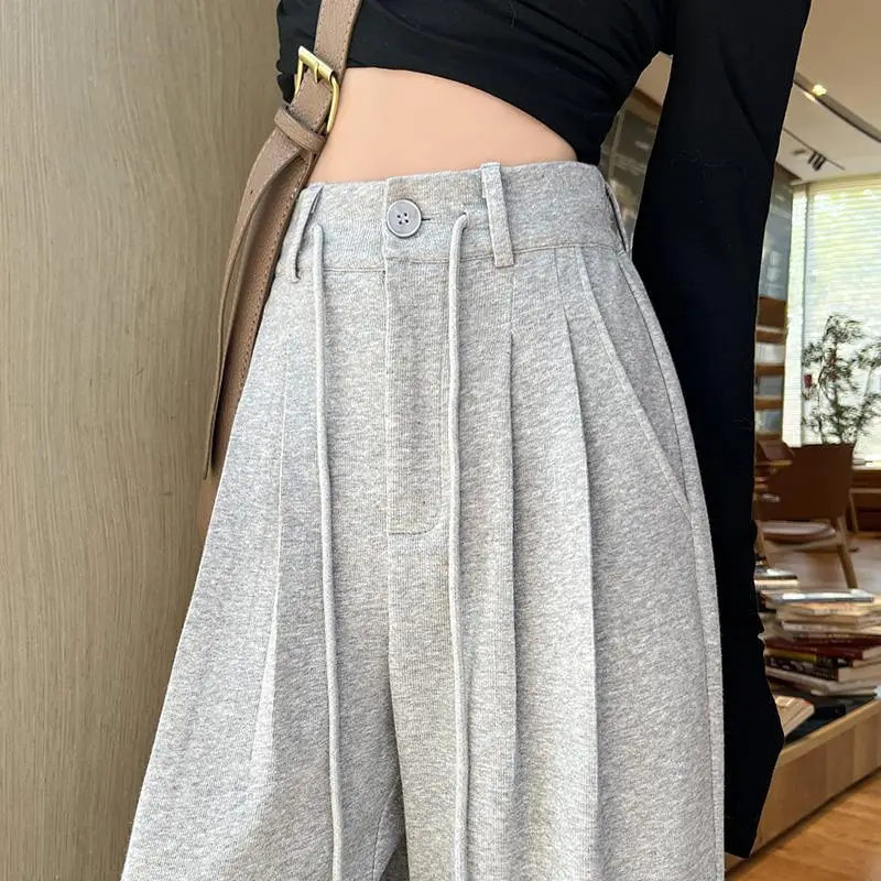 Sports Pants Women\'s Spring/summer High Waist Wide Leg Pants 2023 New Straight Tube Floor Towers Drawstring Grey Sports Pants