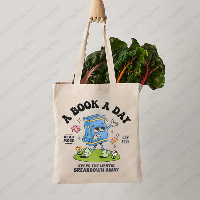 A Book A Day Keep The Mental Breakdown Pattern Tote Bag Canvas Shoulder Bag for Readers Shopping Bags Gift for Reading Lovers