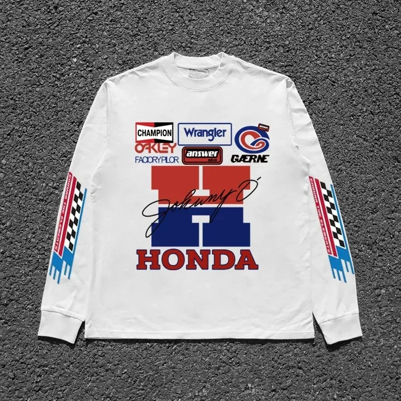 

2026 Honda винтажная футболка с длинными рукавами и графическим рисунком, мужская уличная одежда с принтом нескольких логотипов, повседневные гоночные модные дышащие топы
