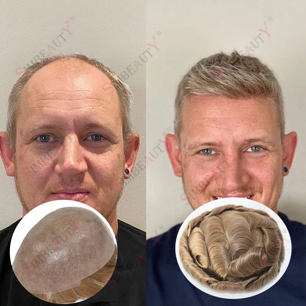 

Супер прочный парик для кожи Vloop Ombre Blonde Grey 0,06 мм, мужской капиллярный протез, ультратонкая система замены волос Huamn