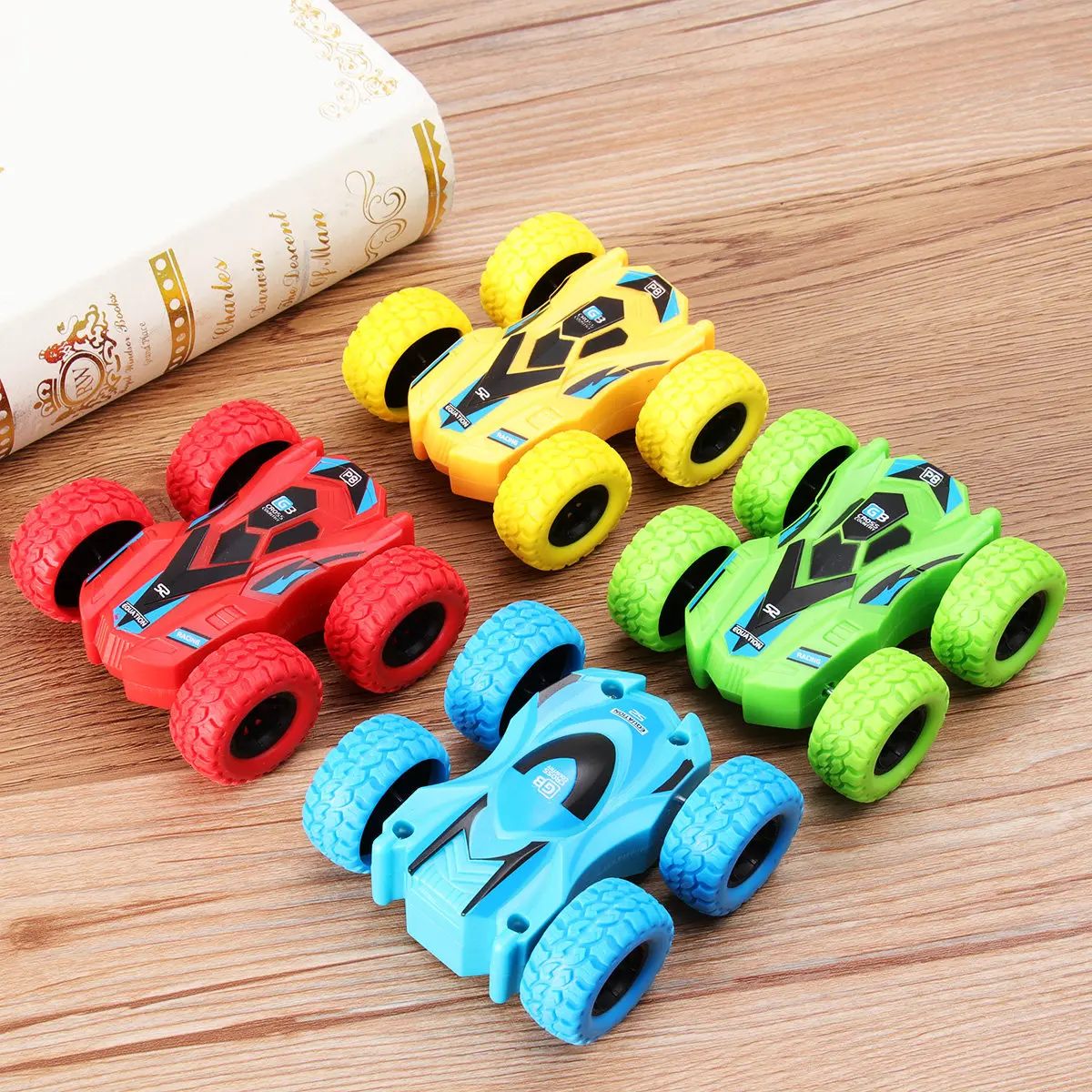 

4Pcs Double-Sided Inertia Car Children Playing Fun Stunt Cars Red Yellow Blue Green Educational Hand-Eye Coordination
