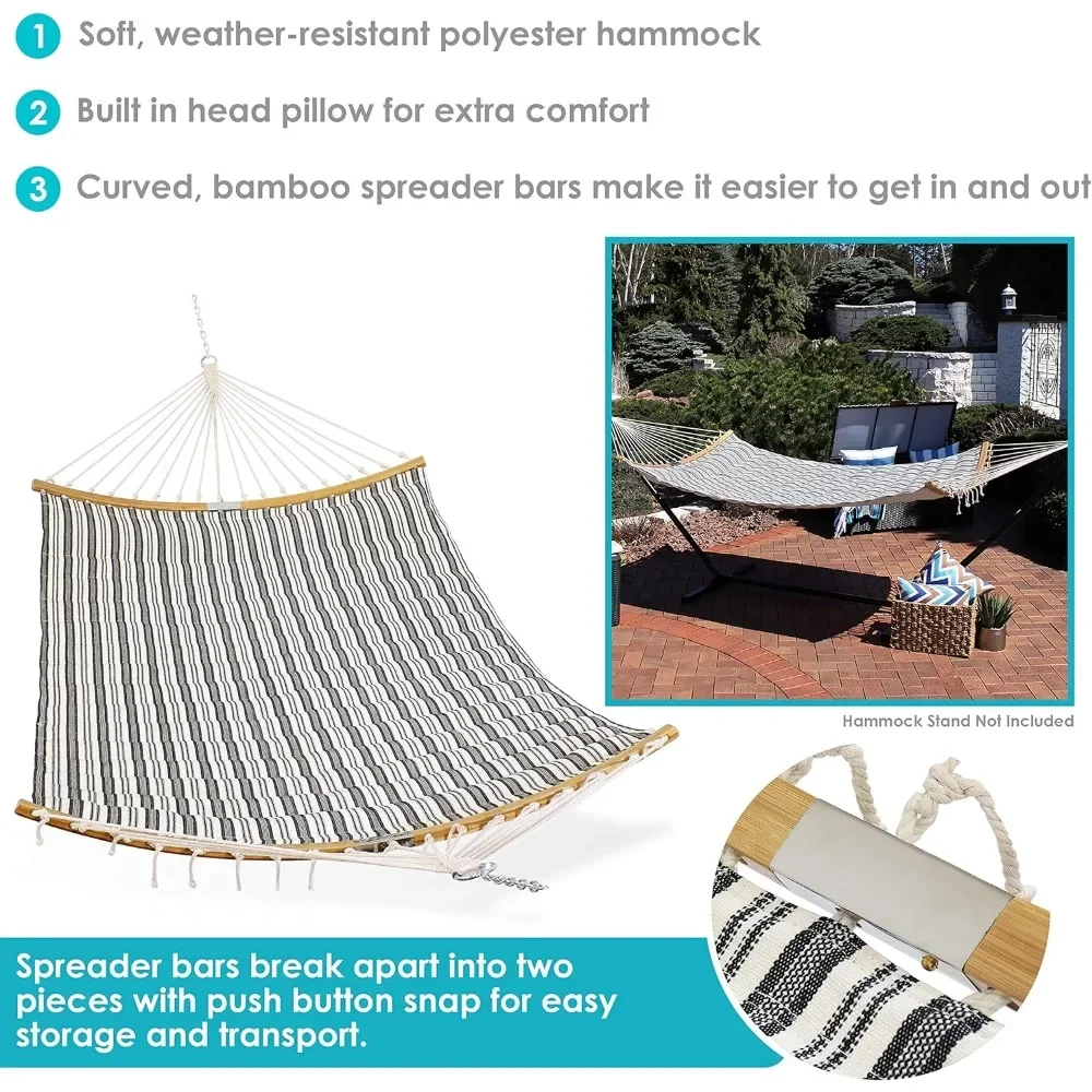 Polycotton Double Hammock with Curved Bamboo Foldable Spreader Bars - 450-Pound Weight Capacity - Neutral Stripe