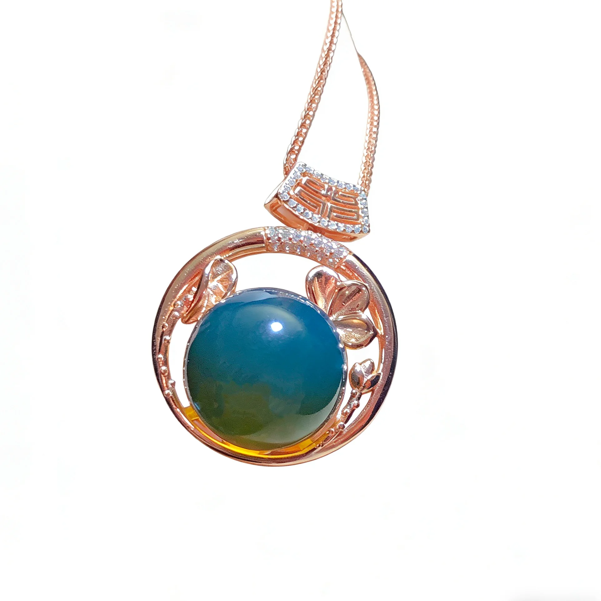 Genuine Sterling Silver Pendant with Natural Mexican Blue Amber 17mm Flower Leaf Design New Chinese Style Jewelry