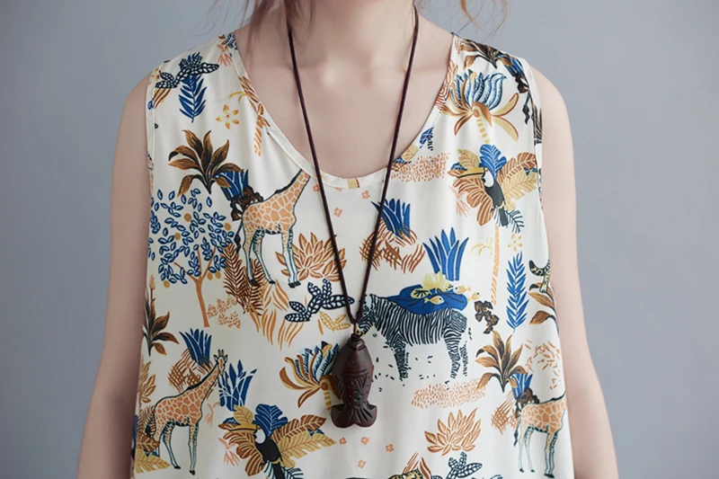 Groot formaat katoenen linnen bedrukt vest Svel V-Ne buikverhullende anti-aging basis irt losse pasvorm zomertop voor plus S...