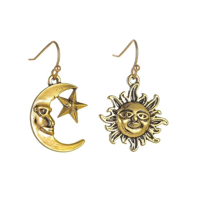 

Retro Asymmetric Sun Moon Star Earrings: Mysterious Astrology Storm, Simian Style Travel and Vacation Accessories