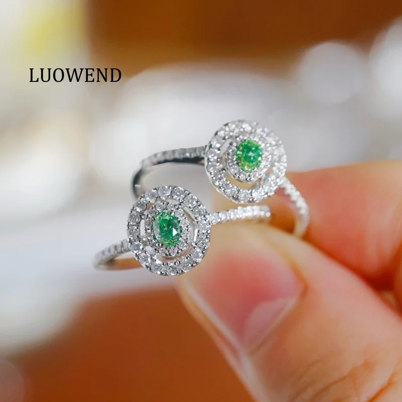 LUOWEND 100% 18K White Gold Elegant Oval Shape Real Natural Green Diamond Engagement Ring for Women High Wedding Jewelry