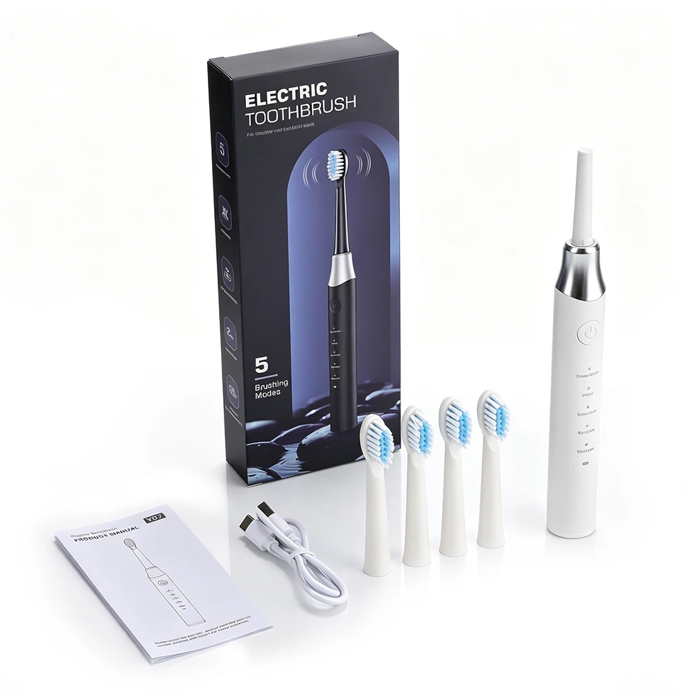 Elektrische Zahnbürste mit 5 Modi, 4 Ersatz-Zahnbürstenköpfen, Ultraschall-Zahnreinigung für Erwachsene, USB-Aufladung, wasserdichter Reiniger – Detail 25