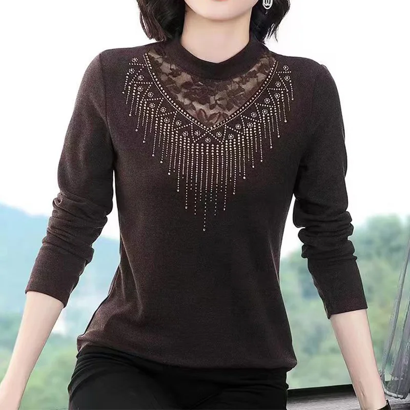 

Half High Collar Diamond Bottomed Shirt Female Autumn and Winter Warm with Fine Velvet Double-sided Solid Splicing Lace Slim Top