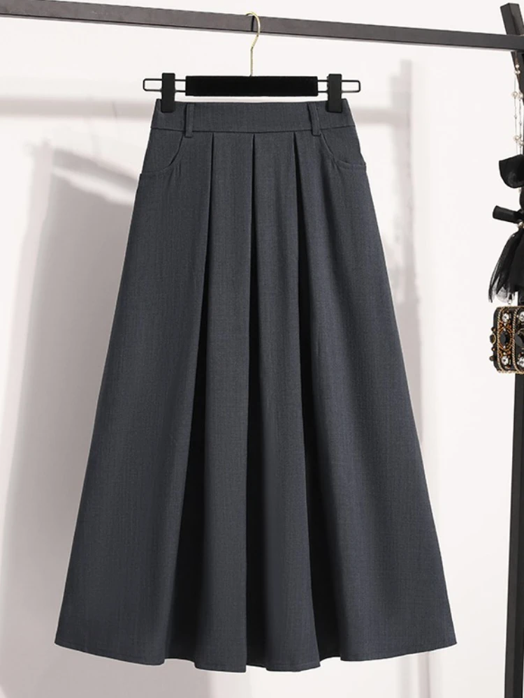 

2025 Spring Autumn New Half-length Umbrella Skirt Plus Size Skirts Solid Versatile Medium Length Pleated Skirt A-Line Maxi Gown