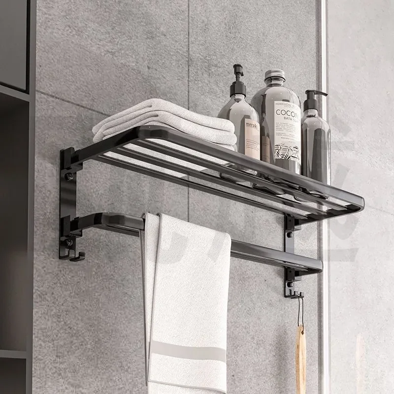 50CM Foldable Towel Rack with Hook Wall Mounted Aluminum Bar Holder Matte Black for Bathroom Kitchen Hotel SPA Home Decor