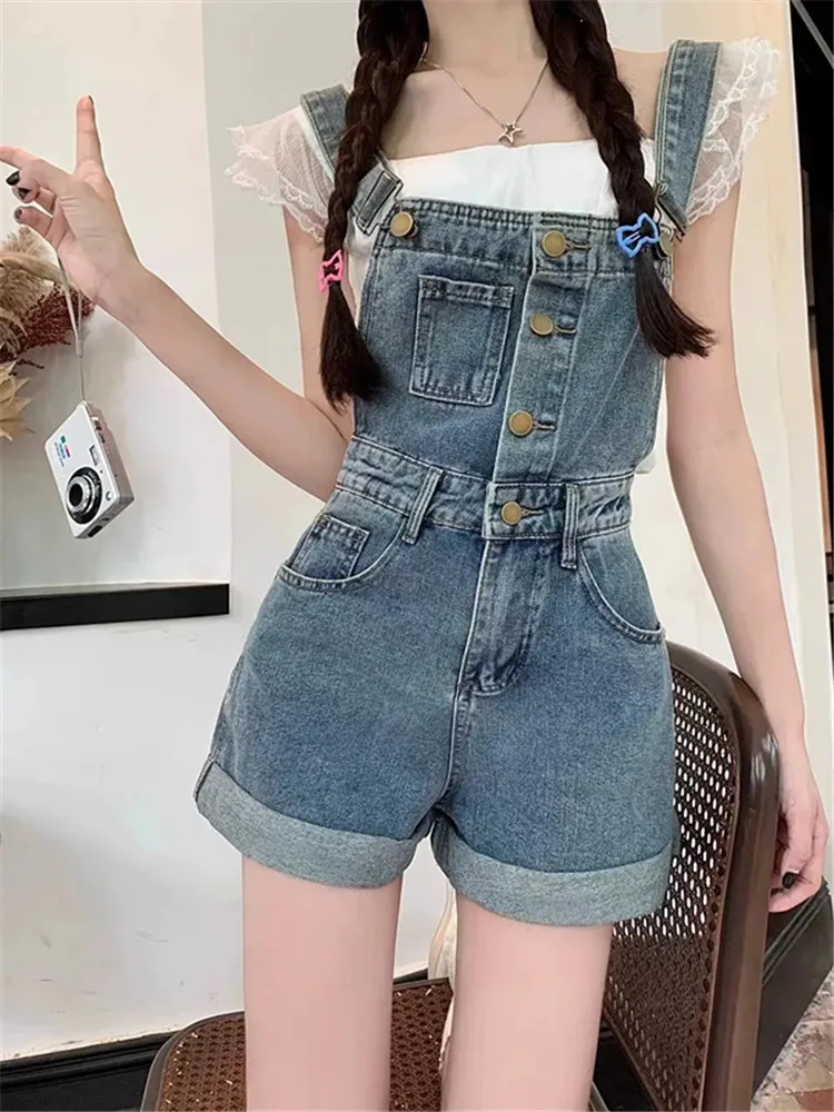 Retro Blue Single Breasted Denim Jumpsuit 2024 Spring Summer Blue High Waist Wide Leg Straps Shorts Korean for Women Chic Romper