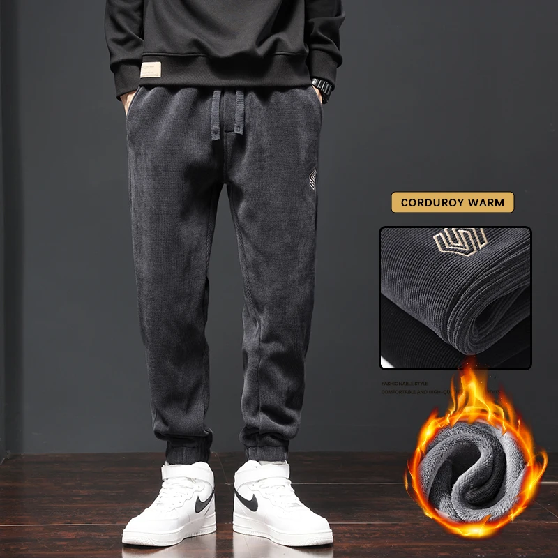 

Winter Men's Fleece Corduroy Pants Thick Warm Elastic Waist Soft Fashion Jogger Outdoor Sweatpants Loose Casual Korean Trousers