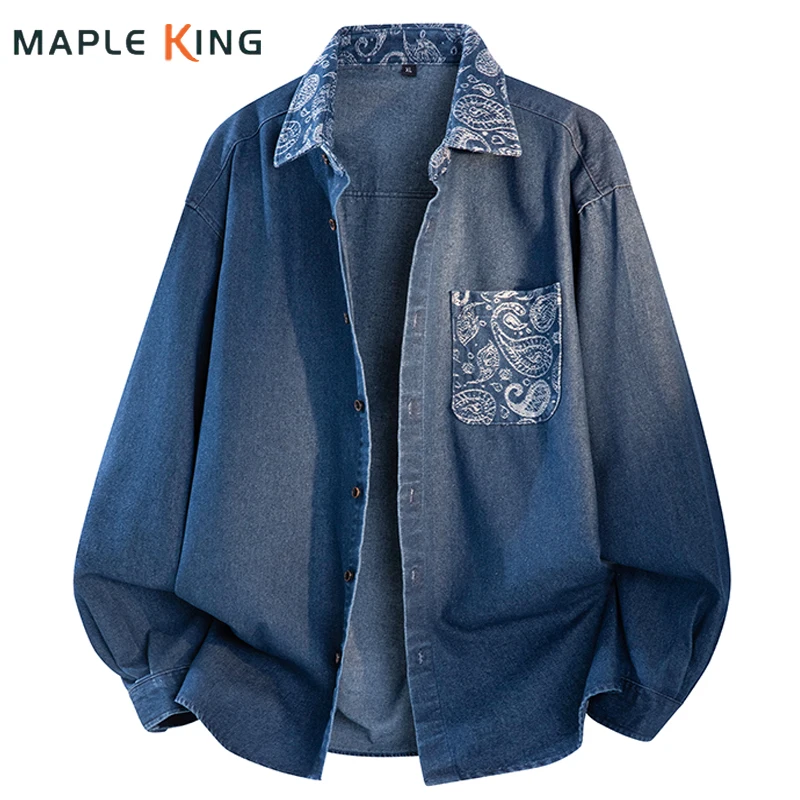 Camisa Vaquera para Hombre, Manga Larga, Estampado Paisley Floral, Estilo Patchwork, Holgada, Camisas Urbanas 2026, Vintage, Hip Hop, Vaquera